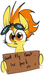Size: 787x1332 | Tagged: safe, artist:hattsy, derpibooru import, spitfire, pegasus, pony, cutefire, female, frown, goggles, hoof hold, hungry, looking at you, mare, pls, sign, simple background, solo, white background, wide eyes, will x for y