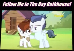 Size: 1094x747 | Tagged: safe, derpibooru import, edit, screencap, pipsqueak, rumble, pegasus, pony, marks and recreation, colt, foal romance, follow me to the gay bath house, gay, image macro, male, meme