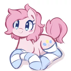 Size: 1080x1080 | Tagged: safe, artist:pinkcappachino, derpibooru import, pinkie pie, earth pony, pony, alternate hairstyle, blush sticker, blushing, c:, clothes, cute, diapinkes, female, looking at you, mare, prone, simple background, smiling, socks, solo, striped socks, white background