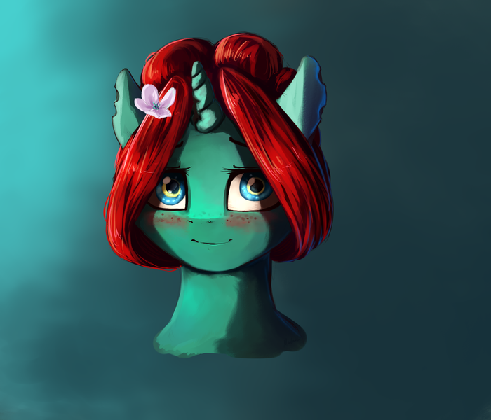 Size: 1400x1200 | Tagged: safe, artist:miokomata, derpibooru import, oc, oc:taffeta, unofficial characters only, pony, unicorn, blushing, bust, female, flower, flower in hair, mare, portrait, solo