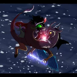 Size: 2000x2000 | Tagged: safe, artist:shimazun, derpibooru import, discord, king sombra, draconequus, pony, unicorn, badass, blood, coils, fangs, fight, glowing eyes, injured, magic, male, open mouth, sharp teeth, snow, snowfall, sombra eyes, stallion, teeth