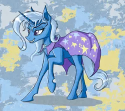 Size: 2418x2148 | Tagged: safe, artist:akweer, derpibooru import, trixie, pony, unicorn, abstract background, cape, clothes, female, grin, hatless, mare, missing accessory, raised hoof, smiling, solo, trixie's cape