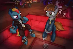 Size: 1600x1080 | Tagged: suggestive, artist:anti1mozg, derpibooru import, rainbow dash, oc, oc:dash vendar, oc:littlepip, pegasus, pony, unicorn, fallout equestria, fanfic, fanfic:broken toy, butt, cigarette, cigarette holder, clothes, collar, couch, fanfic art, female, hooves, horn, image, jacket, latex, latex socks, mare, open mouth, plot, png, scar, sitting, socks, spiked wristband, vault suit, wristband