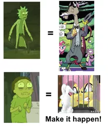 Size: 732x860 | Tagged: accord, angel bunny, dark mirror universe, derpibooru import, dragon, evil fluttershy, exploitable meme, fluttershy, idw, make it happen, meme, morty smith, pinkie pie, rick and morty, rick sanchez, safe, spike, toxic, toxic morty, toxic rick, youtube link