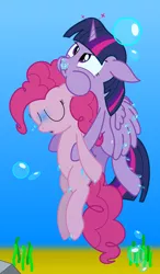 Size: 1750x3000 | Tagged: safe, artist:bladedragoon7575, derpibooru import, pinkie pie, twilight sparkle, twilight sparkle (alicorn), alicorn, earth pony, abuse, air bubble, asphyxiation, bubble, drowning, female, holding breath, mare, pinkiebuse, rescue, swimming, underwater