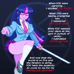 Size: 900x900 | Tagged: suggestive, artist:curtsibling, derpibooru import, sci-twi, twilight sparkle, equestria girls, autism, boasting, breasts, caption, clothes, edgy, fan service, female, glasses, high heels, i studied the blade, katana, looking at you, martial arts, mary janes, meme, necktie, pointing at you, pose, shoes, short skirt, skirt, skirt lift, smiling, socks, solo, solo female, sword, thighs, twilight sparkle has aspergers, weapon
