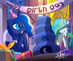 Size: 740x620 | Tagged: safe, artist:bluse, derpibooru import, princess celestia, princess luna, alicorn, pony, banner, birthday, blushing, cake, cakelestia, duo, female, food, hat, party, party hat, present, signature, that pony sure does love cakes