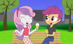 Size: 1280x768 | Tagged: safe, artist:phantomshadow051, derpibooru import, scootaloo, sweetie belle, equestria girls, clothes, cute, female, food, friendshipping, ice cream, lesbian, open mouth, park, scootabelle, shipping, skirt