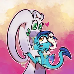 Size: 1200x1200 | Tagged: :3, abstract background, artist:gab0o0, artist:nijineko99, chibi, collaboration, crossover, cute, derpibooru import, dragon, frown, goo, goodra, heart, heart eyes, hug, messy, one eye closed, open mouth, pokémon, princess ember, safe, slime, smiling, wingding eyes, wink