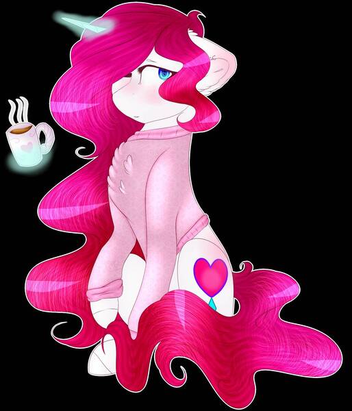Size: 1257x1466 | Tagged: safe, artist:doux-ameri, derpibooru import, oc, oc:button love, unofficial characters only, pony, unicorn, black background, clothes, coffee, female, magic, mare, simple background, sitting, solo, sweater