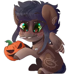 Size: 351x392 | Tagged: safe, artist:skimea, derpibooru import, oc, oc:kama, unofficial characters only, pegasus, pony, chibi, female, halloween, holiday, jack-o-lantern, knife, mare, mouth hold, pixel art, pumpkin, simple background, sitting, solo, transparent background