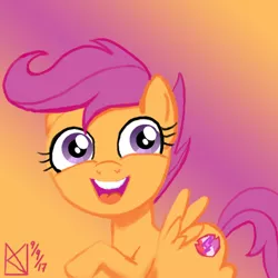 Size: 1500x1500 | Tagged: safe, artist:kelseyleah, derpibooru import, scootaloo, pegasus, pony, female, filly, gradient background, happy, looking at you, solo