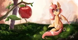 Size: 1980x1020 | Tagged: safe, artist:shogundun, derpibooru import, fluttershy, bat pony, pony, apple, cute, drool, fangs, female, flutterbat, food, mare, race swap, shyabates, shyabetes, smiling, solo, tree