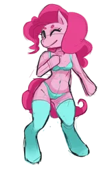 Size: 586x900 | Tagged: anthro, arm hooves, artist:convexo, belly button, bra, bra on pony, breasts, chestbreasts, clothes, colored sketch, derpibooru import, female, green underwear, one eye closed, panties, pinkie pie, simple background, sketch, solo, solo female, stockings, suggestive, thigh highs, transparent background, underwear, wink