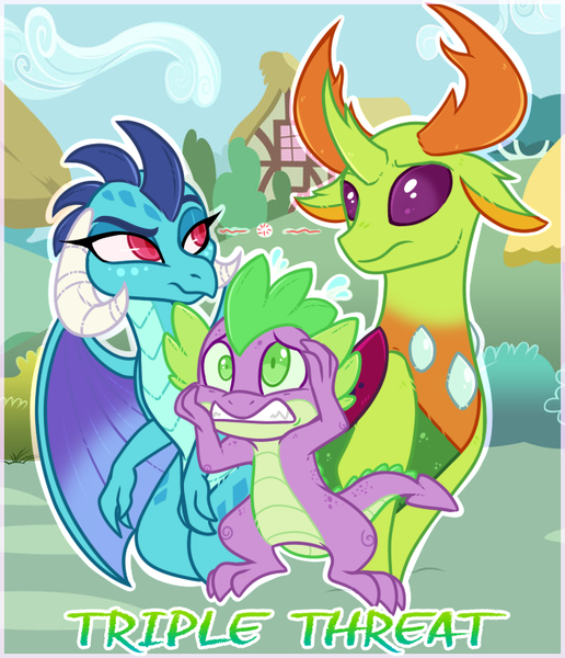 Size: 660x768 | Tagged: artist:esmeia, changedling, changeling, derpibooru import, dragon, female, king thorax, male, ponyville, princess ember, safe, sharp teeth, spike, teeth, thorax, title card, trio, triple threat, worried