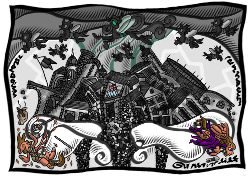 Size: 500x350 | Tagged: semi-grimdark, artist:dantheman, derpibooru import, idw, queen chrysalis, star swirl, star swirl the bearded, changeling, pegasus, pony, fanfic, fanfic:chrysalis visits the hague, fiendship is magic, ancient, annotations, aqueduct, arena, armor, attack, balcony, banner, battlefield, brick, brick wall, bridge, broken, broken weapon, broken wing, broken wings, cataclysm, changeling swarm, chapter image, city, clothes, cloud, cloud city, colosseum, crumbling, death, debris, destruction, door, evidence, falling, fanfic art, feather, female, fight, filly, fimfiction, fimfiction.net link, fire, flag, flag pole, fleeing, flying, foal, gate, helmet, home, house, male, massacre, medieval, old ponish, palace, pillar, royal guard, sack, scared, scroll, siege, smoke, soldier, stallion, stone, storm, tapestry, temple, text, thunder, thunderbolt, timbucktu, toga, tower, town, trident, uniform, wall of tags, war, war crime, window