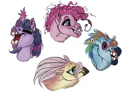 Size: 1280x960 | Tagged: alternate design, artist:nekokote, beak, beard, derpibooru import, facial hair, feather, fluttershy, not sure if safe or grotesque, pinkie pie, rainbow dash, safe, teeth, twilight sparkle