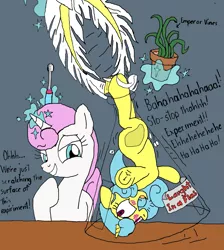 Size: 1431x1599 | Tagged: safe, artist:goomingtoll, artist:icey-wicey-1517, derpibooru import, lemon hearts, twinkleshine, oc, oc:emperor vines, pony, unicorn, bedroom eyes, blushing, colored, erlenmeyer flask, feather, female, fetish, flask, flaskhead hearts, giant/tiny, hoof fetish, hoof tickling, hooves, hung upside down, mare, micro, missing cutie mark, open mouth, plant, pot, size difference, tickle torture, tickling, toothbrush, underhoof, upside down, vine