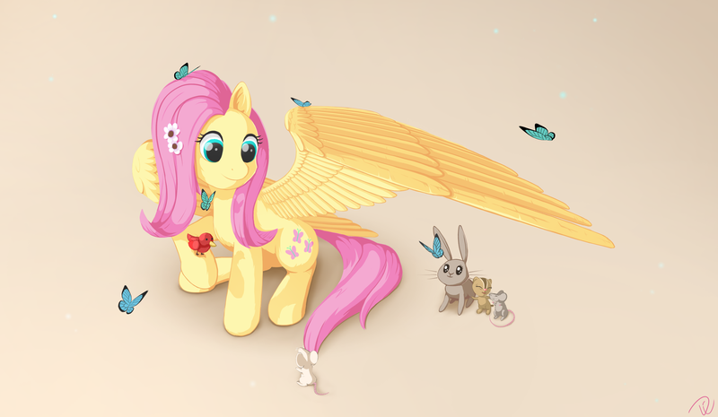 Size: 3300x1920 | Tagged: safe, artist:yunnecora, derpibooru import, fluttershy, bird, butterfly, chipmunk, mouse, pegasus, pony, rabbit, animal, brown background, cute, female, flower, flower in hair, kindness, looking at something, looking down, mare, raised hoof, shyabetes, simple background, sitting, smiling, spread wings, wings