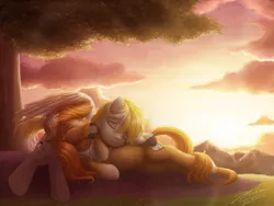 Size: 1024x768 | Tagged: safe, artist:novaintellus, derpibooru import, oc, oc:serenity, oc:white feather, unofficial characters only, pony, cuddling, female, husband and wife, male, mare, married couple, oc x oc, pregnant, serenither, shipping, sleeping, smiling, stallion, straight, sunrise, tree