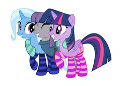 Size: 1024x706 | Tagged: safe, artist:cielmarth, derpibooru import, maud pie, trixie, twilight sparkle, twilight sparkle (alicorn), alicorn, earth pony, pony, unicorn, clothes, eyes closed, female, hug, lesbian, mare, mauxie, ot3, polyamory, shipping, simple background, smiling, socks, striped socks, twimaud, twimauxie, twixie, vector, watermark, when she smiles, white background