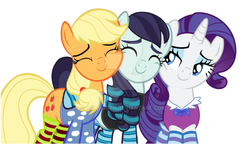 Size: 1024x599 | Tagged: safe, artist:chrisps2, artist:cielmarth, derpibooru import, applejack, coloratura, rarity, earth pony, pony, unicorn, bedroom eyes, clothes, colorarijack, eyes closed, female, lesbian, mare, pajamas, polyamory, rarajack, rarararara, rarararijack, rarijack, shipping, socks, striped socks, watermark