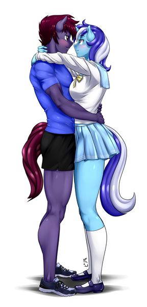 Size: 700x1457 | Tagged: safe, artist:pia-sama, derpibooru import, minuette, oc, oc:night chase, anthro, plantigrade anthro, blushing, canon x oc, clothes, commission, cute, eye contact, female, hug, legs, looking at each other, male, mary janes, shoes, simple background, skirt, smiling, sneakers, socks, straight, white background