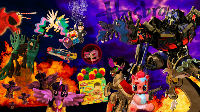 Size: 1920x1080 | Tagged: alicorn, alternate universe, artist:mrdeloop, clash of hasbro's titans, day of the flutter, derpibooru import, discord, elmo, equestria girls: the parody series, fight, fire, furby, gun, handgun, hasbro logo, hasbro's grand collection, king sombra, laser, lightning, littlest pet shop, monopoly, monopoly man, mr. monopoly, mr potato head, multeity, nerf, oc, oc:overlord hasbro, optimus prime, pinkie pie, play-doh, princess celestia, princess luna, queen chrysalis, red eyes, rich uncle pennybags, semi-grimdark, sesame street, sparkle sparkle sparkle, transformers, twilight sparkle, twilight sparkle (alicorn), weapon, zoe trent