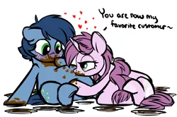 Size: 2300x1524 | Tagged: safe, artist:mulberrytarthorse, derpibooru import, oc, oc:huckleberry bleu, oc:mulberry tart, unofficial characters only, earth pony, pony, unicorn, belly, bleuberry, chubby, female, kissing, male, mare, messy, stallion, stuffed, stuffing