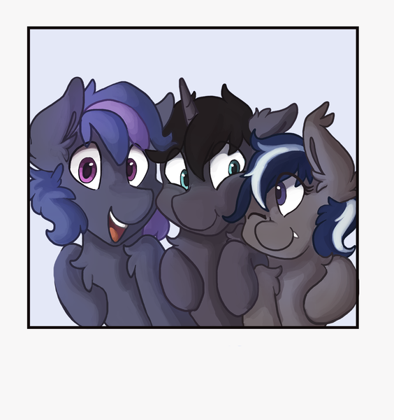 Size: 1917x2038 | Tagged: safe, artist:saxopi, derpibooru import, oc, oc:daturea eventide, oc:gladiolus, oc:pi, unofficial characters only, bat pony, unicorn, side hug