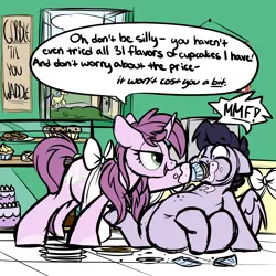 Size: 2000x2000 | Tagged: safe, artist:mulberrytarthorse, derpibooru import, oc, oc:mulberry tart, unofficial characters only, pegasus, pony, unicorn, apron, bakery, bedroom eyes, belly, chubby, clothes, comic, cupcake, female, food, force feeding, male, mare, stallion, store display, stuffed, stuffing, text