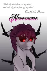 Size: 1471x2200 | Tagged: safe, artist:wulfanite, derpibooru import, oc, oc:nevermore ravenheart, unofficial characters only, bird, earth pony, pony, raven (bird), black sclera, edgar allan poe, possessed, quote, red eyes, simple background, the raven