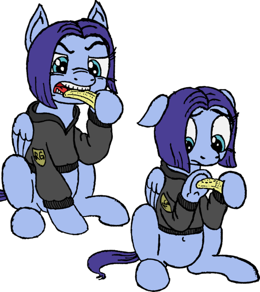 Size: 2063x2315 | Tagged: safe, artist:whiskey, derpibooru import, oc, oc:safety first, unofficial characters only, pegasus, pony, 4chan, banana, belly button, biting, clothes, eating, food, hoodie, sad, simple background, sitting, solo, teeth, transparent background