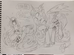 Size: 1024x768 | Tagged: alicorn, andy you magnificent bastard, angry, artist:andypriceart, celestia is not amused, derpibooru import, duo, female, grayscale, hoofprints, kick me, laughing, mare, monochrome, ouch, pencil drawing, pointing, prank, princess celestia, princess luna, princess luna is amused, safe, this will end in tears and/or a journey to the moon, traditional art, trolluna, unamused, uvula, varying degrees of amusement
