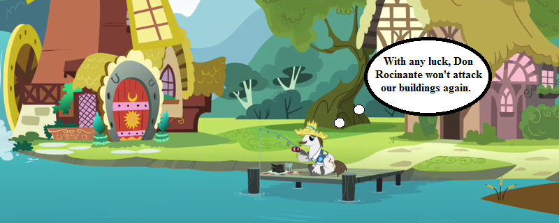 Size: 800x320 | Tagged: safe, derpibooru import, edit, edited screencap, screencap, hondo flanks, pony, one bad apple, cropped, don quixote, fishing, male, pier, river, stallion, sweetie belle's house, text, thought bubble, windmill