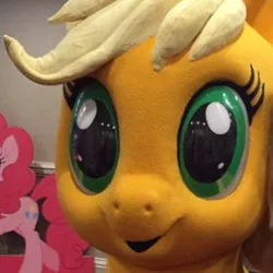 Size: 278x278 | Tagged: safe, derpibooru import, applejack, pinkie pie, earth pony, pony, my little pony: the movie, cropped, face of mercy, hascon, irl, photo, solo focus, staring into your soul