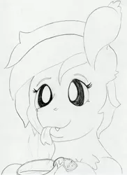Size: 3186x4376 | Tagged: safe, artist:andandampersand, derpibooru import, oc, oc:soothing leaf, unofficial characters only, bat pony, black and white, bust, fangs, female, food, grayscale, lineart, mare, monochrome, portrait, solo, tea, tongue out, traditional art