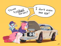 Size: 4800x3600 | Tagged: safe, artist:docwario, derpibooru import, pinkie pie, rainbow dash, pony, absurd resolution, car, clothes, dialogue, engine, female, hat, mare, mechanic, mouth hold, simple background, speech bubble, toolbox, wrench