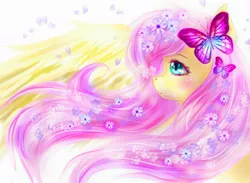 Size: 1200x876 | Tagged: artist:ashleycl, blushing, bust, butterfly, cute, derpibooru import, flower, flower in hair, fluttershy, petals, portrait, profile, safe, shyabetes, solo, wings