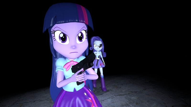 Size: 1920x1080 | Tagged: safe, artist:fivefreddy, derpibooru import, rarity, twilight sparkle, equestria girls, 3d, five-seven, gmod, gun, knife, weapon