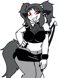 Size: 1266x1664 | Tagged: suggestive, artist:/d/non, derpibooru import, oc, oc:yuzu, unofficial characters only, bat pony, satyr, breasts, cleavage, clothes, female, grin, midriff, miniskirt, moe, monochrome, neo noir, partial color, piercing, pubic fluff, side slit, simple background, skirt, skirt pull, smiling, solo, white background