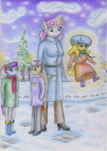 Size: 1973x2795 | Tagged: safe, artist:sinaherib, derpibooru import, sweetie belle, oc, oc:rainfall, oc:snow blossom, oc:summer wind, anthro, plantigrade anthro, anthro oc, clothes, coat, female, image, jpeg, next generation, offspring, older, parent:big macintosh, parent:fluttershy, parent:rainbow dash, parents:fluttermac, parent:soarin', parents:soarindash, snow, traditional art