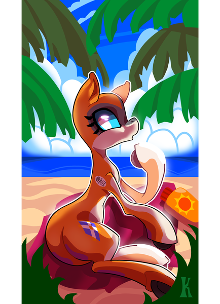 Size: 2068x2856 | Tagged: safe, artist:kaliptro, derpibooru import, oc, oc:kiva, unofficial characters only, pony, robot, robot pony, beach, female, solo