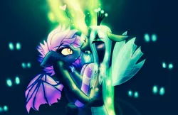 Size: 3395x2197 | Tagged: safe, artist:aaa-its-spook, artist:spook, derpibooru import, queen chrysalis, oc, oc:spook, bat pony, blushing, bowtie, canon x oc, cheeselegs, clothes, crown, eyeshadow, fangs, female, glowing eyes, glowing horn, heart, jewelry, lens flare, lesbian, magic, makeup, one eye closed, regalia, shipping, socks, tongue out, wings, wink
