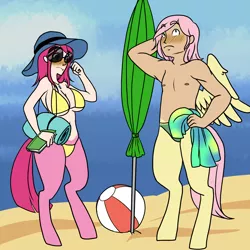 Size: 2500x2500 | Tagged: armpits, artist:/d/non, beach, beach ball, beach umbrella, big breasts, bikini, blushing, book, breasts, clothes, derpibooru import, female, hat, male, oc, oc:mumble, oc:timber, parent:fluttershy, parent:pinkie pie, partial nudity, sand, satyr, suggestive, sunglasses, sun hat, swimsuit, topless, towel, unofficial characters only