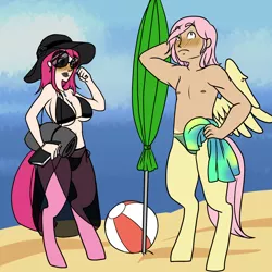 Size: 2500x2500 | Tagged: armpits, artist:/d/non, beach, beach ball, beach umbrella, big breasts, bikini, blushing, book, breasts, clothes, derpibooru import, female, goth, hat, lipstick, male, oc, oc:mumble, oc:timber, parent:fluttershy, parent:pinkie pie, partial nudity, sand, satyr, suggestive, sunglasses, sun hat, swimsuit, topless, towel, unofficial characters only