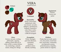 Size: 4000x3410 | Tagged: safe, artist:gordontheonefreemane, derpibooru import, oc, oc:vera, unofficial characters only, unicorn, blazer, clothes, female, glasses, mare, mbti, myers-briggs, nerd, ponysona, reference sheet, simple background, solo, suit