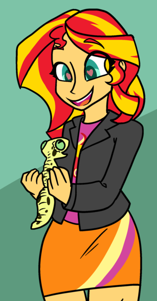 Size: 1227x2343 | Tagged: safe, artist:/d/non, derpibooru import, ray, sunset shimmer, gecko, leopard gecko, eqg summertime shorts, equestria girls, pet project, clothes, cute, duo, female, happy, heart eyes, jacket, leather jacket, open mouth, pet, shimmerbetes, simple background, skirt, smiling, wingding eyes