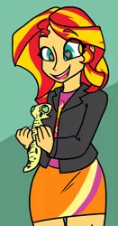 Size: 1227x2343 | Tagged: safe, artist:/d/non, derpibooru import, ray, sunset shimmer, gecko, leopard gecko, eqg summertime shorts, equestria girls, pet project, clothes, cute, duo, female, happy, heart eyes, jacket, leather jacket, open mouth, pet, shimmerbetes, simple background, skirt, smiling, wingding eyes