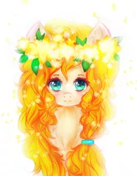 Size: 1500x1925 | Tagged: safe, artist:ashleycl, derpibooru import, pear butter, earth pony, pony, bust, cute, female, floral head wreath, flower, looking at you, mare, pearabetes, portrait, solo